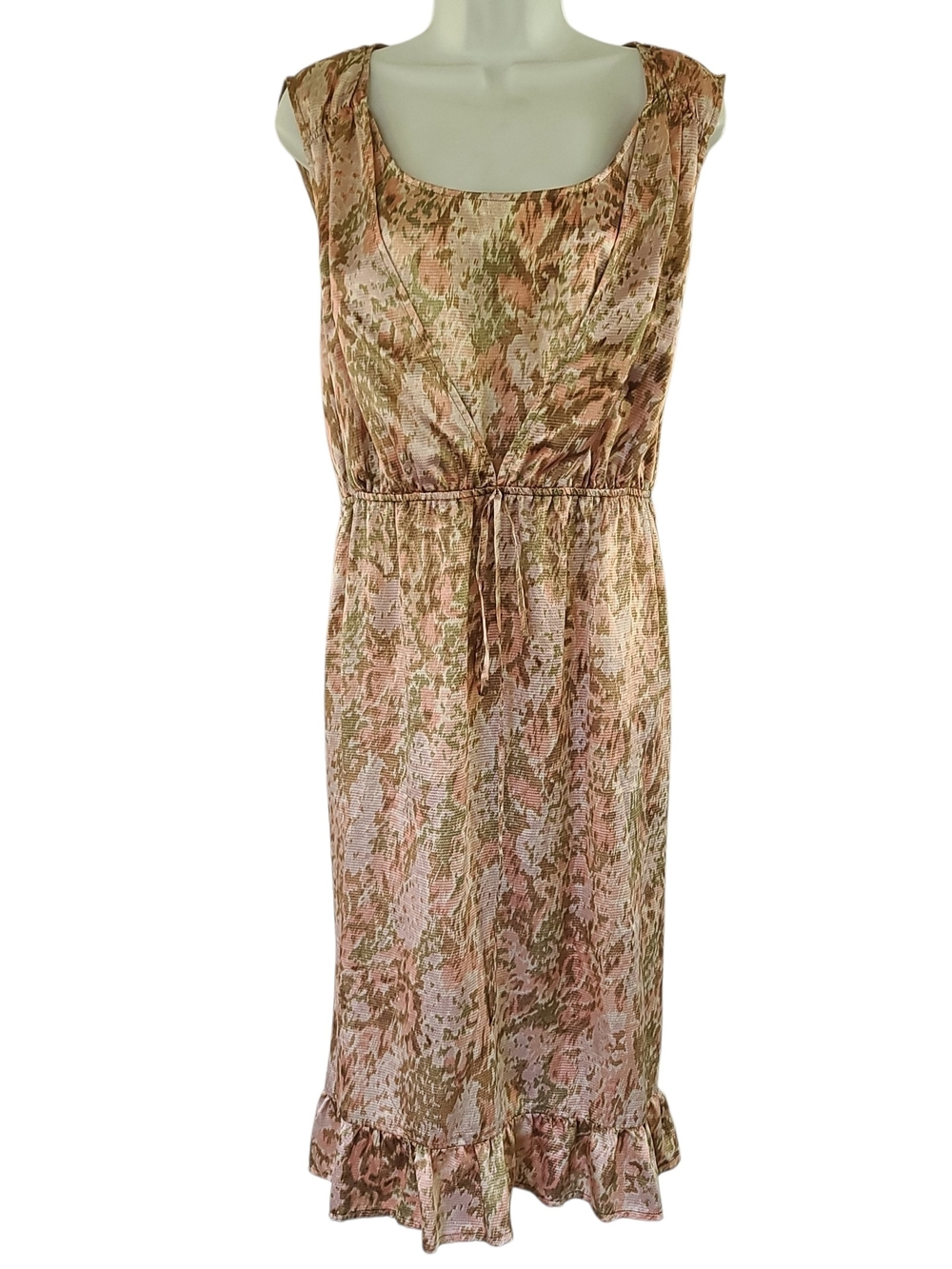 Talbots Pink Green Brown Floral Sleeveless Midi ruffle hem tie wais Dress Sz 16W